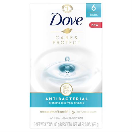 Dove Beauty Bar Soap Antibacterial Care 6 Count For Clean, Moisturized Skin,