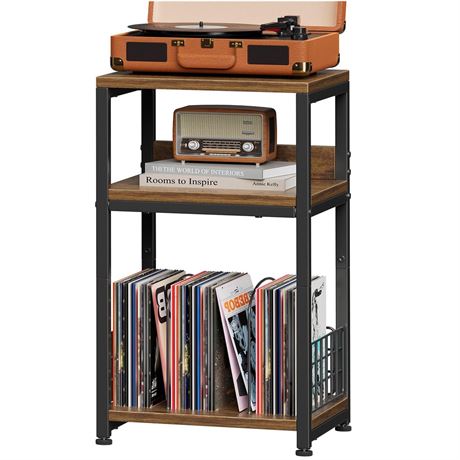 Simple Trending Record Player Stand, 3 Tier End Table Hold Up to 100 Albums,