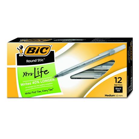 BIC Round Stic Xtra Life Ballpoint Pen, Medium Point (1.0mm), Black, 12-Count