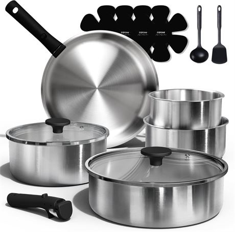 CAROTE Pots and Pans Set, Stainless Steel Cookware Set Detachable Handle, 15pcs