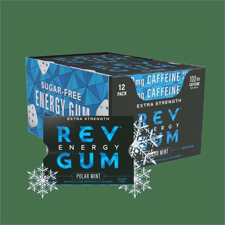 Rev Gum Sugar Free Extra Strength Polar Mint Energy Gum, 12 Packs. 72 Pieces