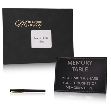 Classic Funeral Guest Book with Picture Pocket,Pen and Memory Table Card,Memory