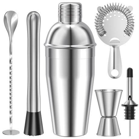 TINANA 6 PCS Cocktail Shaker Set, 25oz Shaker, Strainer, Muddler, Jigger,
