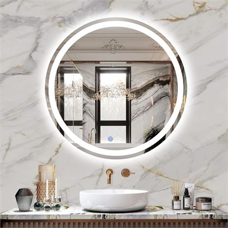 24" LED Bathroom Mirror Round Vanity Mirror, Anti-Fog, Dimmable, 3 Color