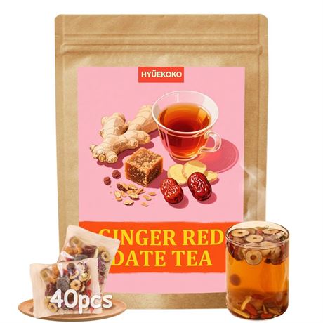 40 Bags Ginger Red Date Tea, Caffeine-Free Natural Ingredients Herbal Tea Bags,