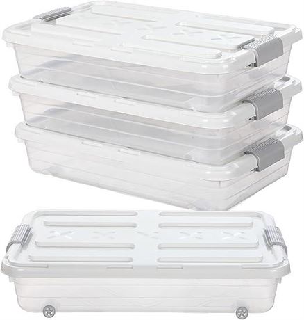 Beeveer 4 Pcs Plastic Under Bed Storage Containers with Lid Wheel Handle,