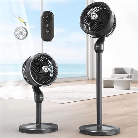 YOKEKON Standing Fan 360° Oscillating, 33ft/s Velocity Quiet Floor Fan,