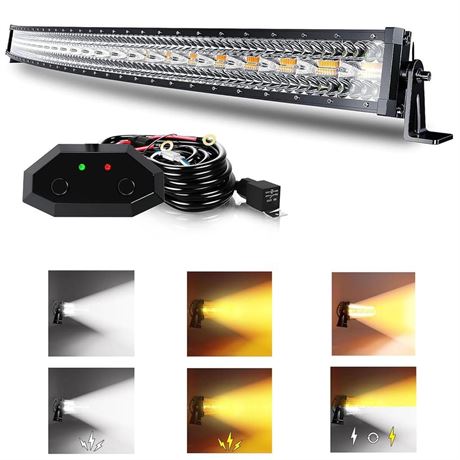 ASLONG 52 Inch 300W Curved LED Light Bar White/Amber Flasing Strobe with Six