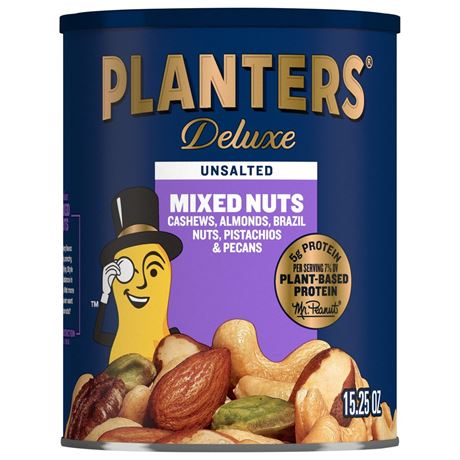PLANTERS Deluxe Unsalted Mixed Nuts, 5g (7% DV) Plant-Based Protein, 15.25 oz