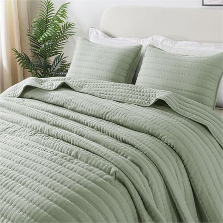 ROARINGWILD Sage Green Queen Size Quilt Bedding Sets with 2 Pillow Shams, Full