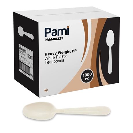 PAMI Heavy Weight Disposable Plastic Teaspoons [1000-Pack] - Bulk White Plastic