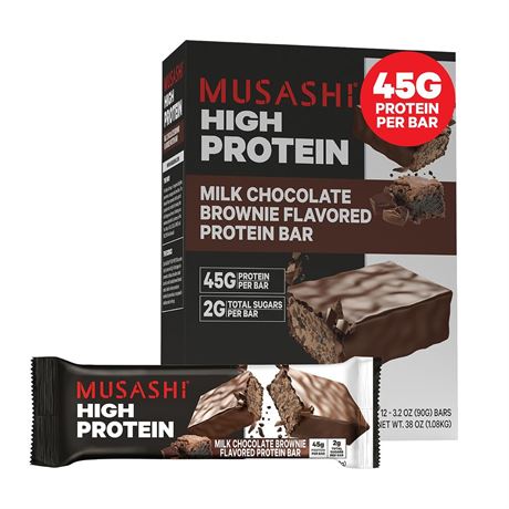 MUSASHI High Protein Bar, 45g Protein, 2g Total Sugars, Milk Chocolate Brownie,