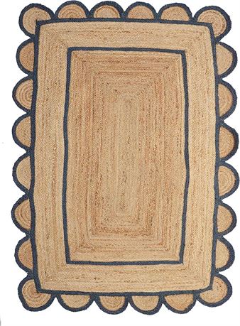 Scalloped Natural Jute Area Rug, Colored Trim (Navy, 4'x6') 4'x6' Navy