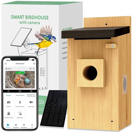 Bird House with Camera - Solar Powered, 4MP HD Wireless Live Cam Smart Bluebird