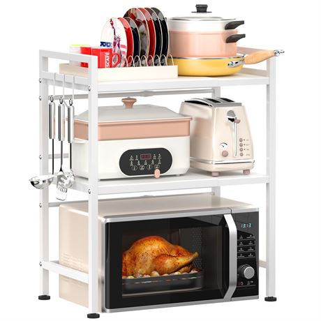 PUSDON Microwave Oven Rack, Adjustable Shelf Organizer 3-Tiers with 3 Hooks, &
