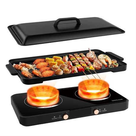 Double Induction Cooktop 2 Burner with Removable Iron Cast Griddle Pan