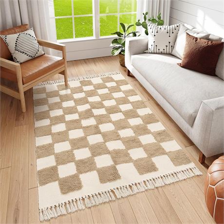 Lahome Checkered Boho Bathroom Rug, 4x6 Rugs for Living Room Washable Bedroom