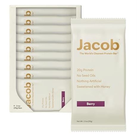 Jacob Bar, Protein Bars, Mixed Berry (9 Bars Total) - 20g Grass-Fed Protein, No