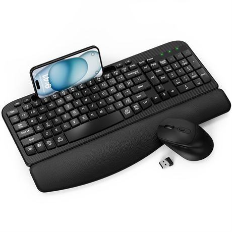 Wireless Keyboard and Mouse Combo, Wave Keys Full-Sized Ergonomic Keyboard with