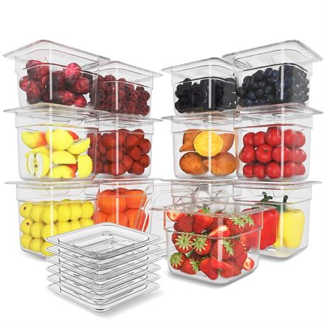 NSF Polycarbonate Food Pans with Lids 12-Pack 1/6 Size 6" Deep Clear Hotel Pans