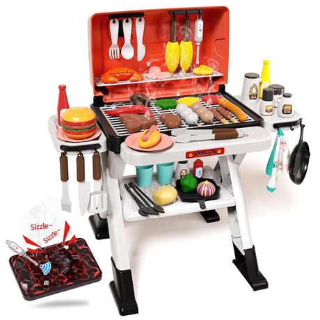 STACTCUTE 60pcs Kids BBQ Grill Kitchen Playset with Sound & Smoke, Play Toy