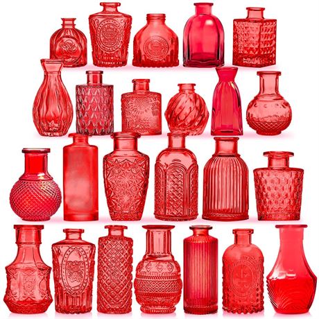 KOIUEYW Red Glass Bud Vases Set, 24 Pcs Vintage Small Vases for Flowers,