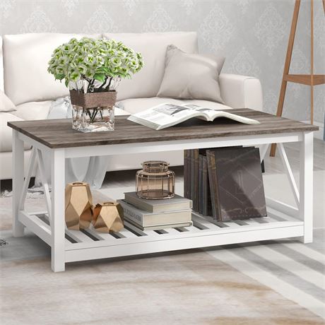 Farmhouse Coffee Table for Living Room, 2-Tier Rectangular Wooden Centre