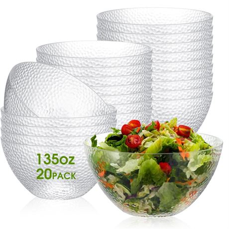 Layhit 20 Pcs Large Plastic Salad Bowl Clear Round Serving Bowls 135 Ounce