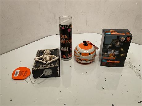 (4pk) Halloween decorations - spell book, los muertos candle, light up pumpkin