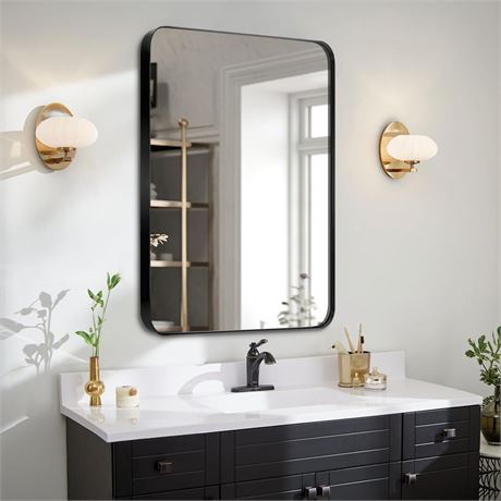 MZON 24x36 Inch Black Framed Vanity Mirror，Brushed Metal Rectangle Wall Mirror