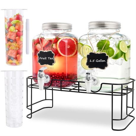 1.5 Gallon Glass Drink Dispensers For Parties-Set of 2,Drink Dispenser with