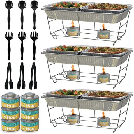 3-Pack Disposable Chafing Dish Buffet Set + Fuel + Serving Utensils - Full Size