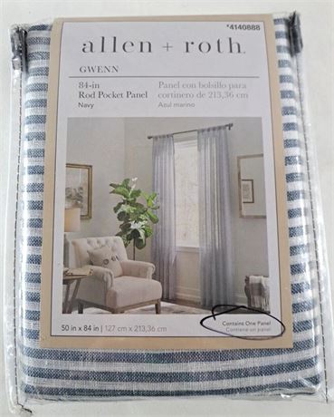 NEW Allen + Roth Curtain Panel Gwenn Striped Navy Blue White Rod Pocket 50x84