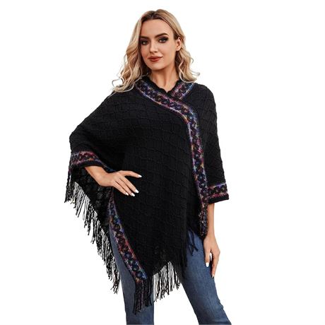 Elegant Poncho Sweater with Sparkling Sequin Decoration - Soft Knitted Shawl