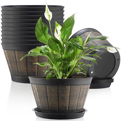 Layhit 10 Pack 9.8 Inch Whiskey Barrel Planter Flower Pot Plant Pots with