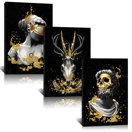 Derkymo 3 Piece Vintage Human Skull Canvas Wall Art Black and White Deer Head