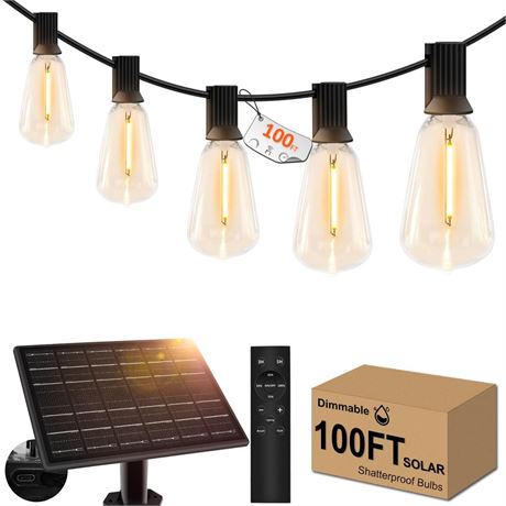 100ft Solar Outdoor String Lights with Remote - USB Rechargeable Solar Powered
