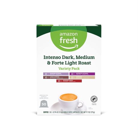Amazon Fresh Intenso Dark, Medium & Forte Light Roast Aluminum Capsules,