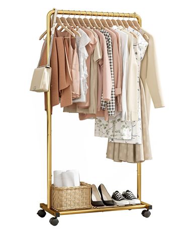 Clothes Rack - Clothing Rack with Storage Mesh Shelf & Casters, Heavy-Duty