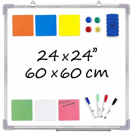 Whiteboard Set - Dry Erase Board 24 x 24 with 1 Magnetic Eraser, 4 Dry Wipe