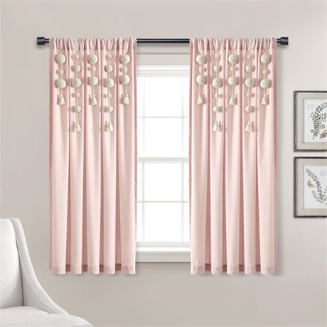 63"x52" Boho Pom - Pom Tassel Linen Window Curtain Panels Blush - Lush Décor
