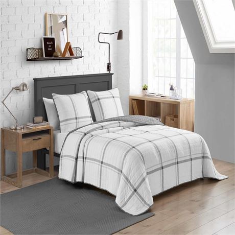 Nautica Fleetville Cotton Reversible 3 Piece Quilt Set, Full/Queen - Gray