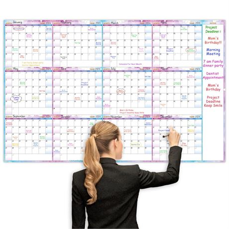 Large Dry Erase Calendar for Wall – Yearly Wall Calendar Dry Erase, 58" x 37",