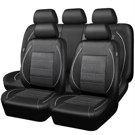 CAR PASS Piping PU Leather Car Seat Cover Full Set, Inside Zipper Design and