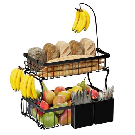 OFFSITE Simple Trending 2 Tier Fruit Bowl Metal with 3 Banana Hooks, Countertop