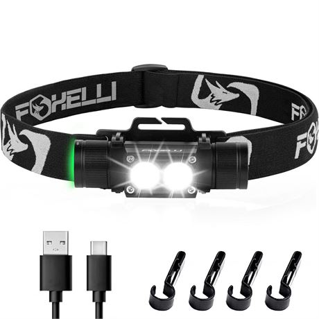 Foxelli Ultra Bright Rechargeable Headlamp – 18650 Battery, IPX7 Waterproof,