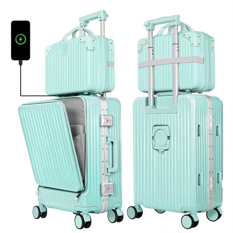 Aluminum Frame Luggage Carry On Suitcase Sets with Cup Holder and USB Port