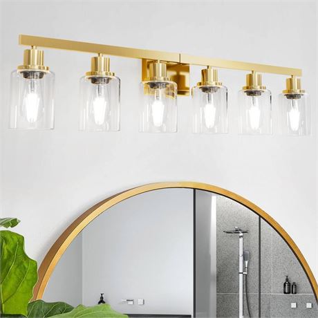 6 Light Gold Bathroom Vanity Light, Gold Bathroom Light Fixtures, 38" Modern