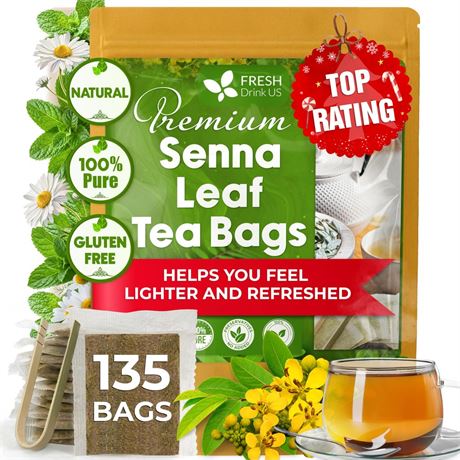 FreshDrinkUS, Premium 135 Senna Leaf Tea Bags for Constipation, Supports Your