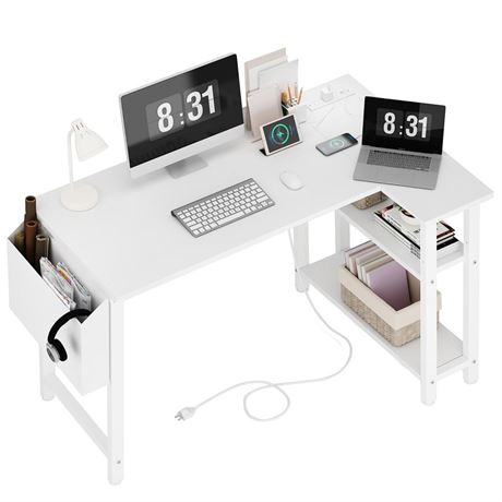 OFFSITE Lufeiya White L Shaped Computer Desk with Power Outlet Shelves, 40 Inch